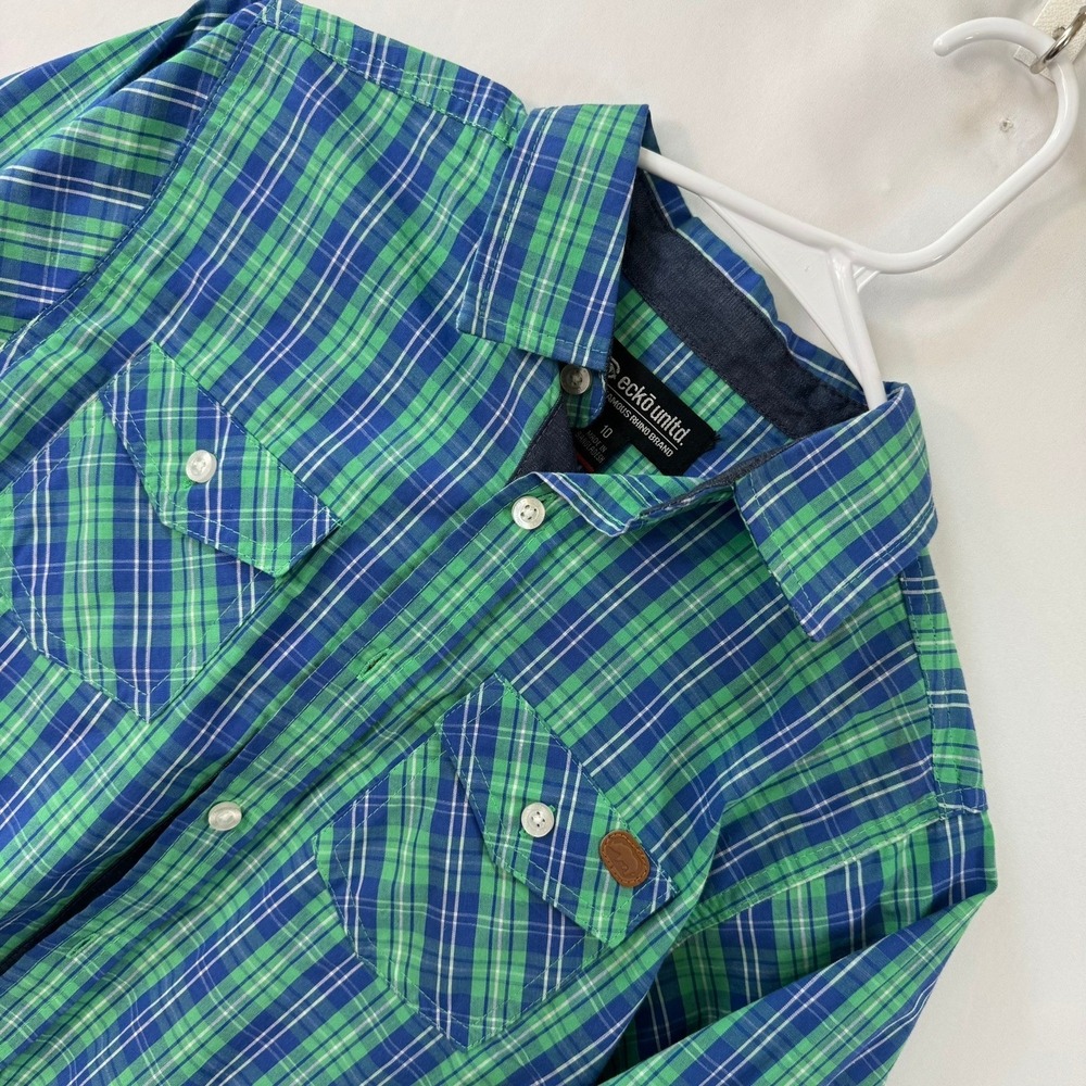 Ecko Unltd Mens Green Blue Plaid Roll Tab Long Sleeve Button Down Shirt Size 10